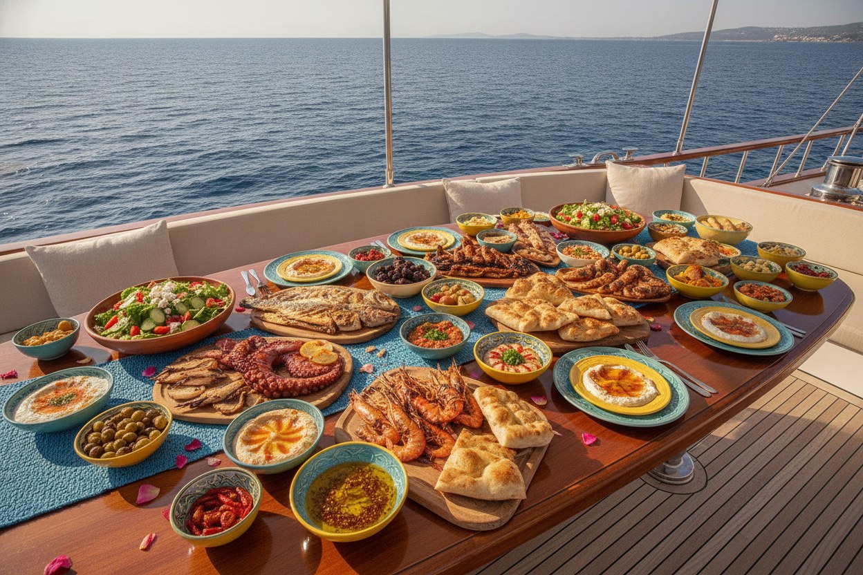 Ahşap güverte masasında serilmiş kapak sofrası; zeytinyağlılar, ekmek ve deniz mahsulleri